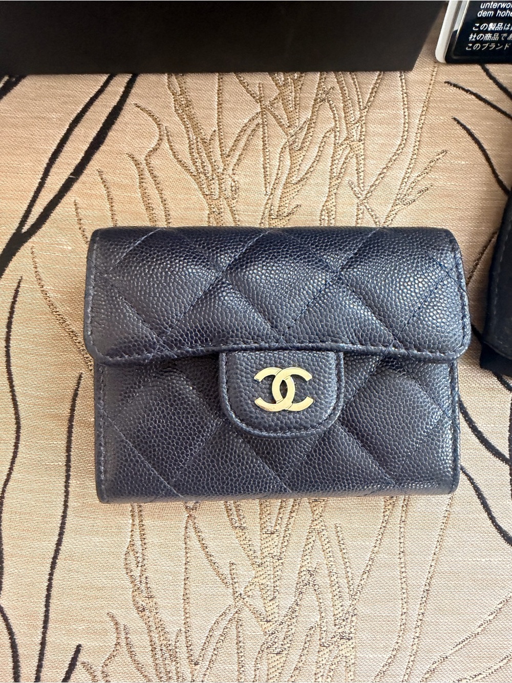 Full set Chanel Quilted XL Flap Card Holder Leather Wallet in Navy Blue